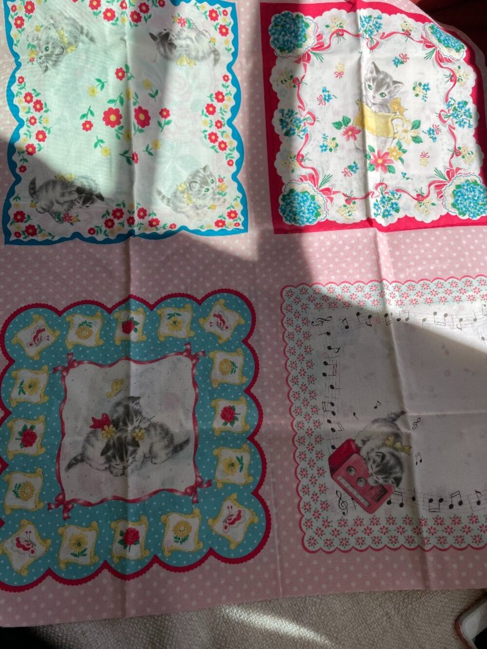 21 x 23" Kittens Print Panels Pastel Multicolor Cotton Fabric Quilting NOS